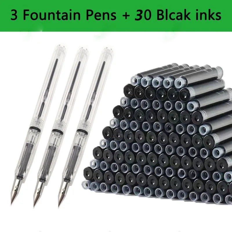 33PCS Kawaii Fountain Pen & Ink Set - Black Blue Red EF 0.38mm Replaceable Ink Pens for School Office Writing Supplies