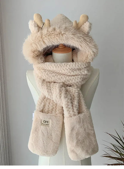 Elk Antler Plush Winter Hat - Warm Ear Protector Scarf & Gloves Set for Women