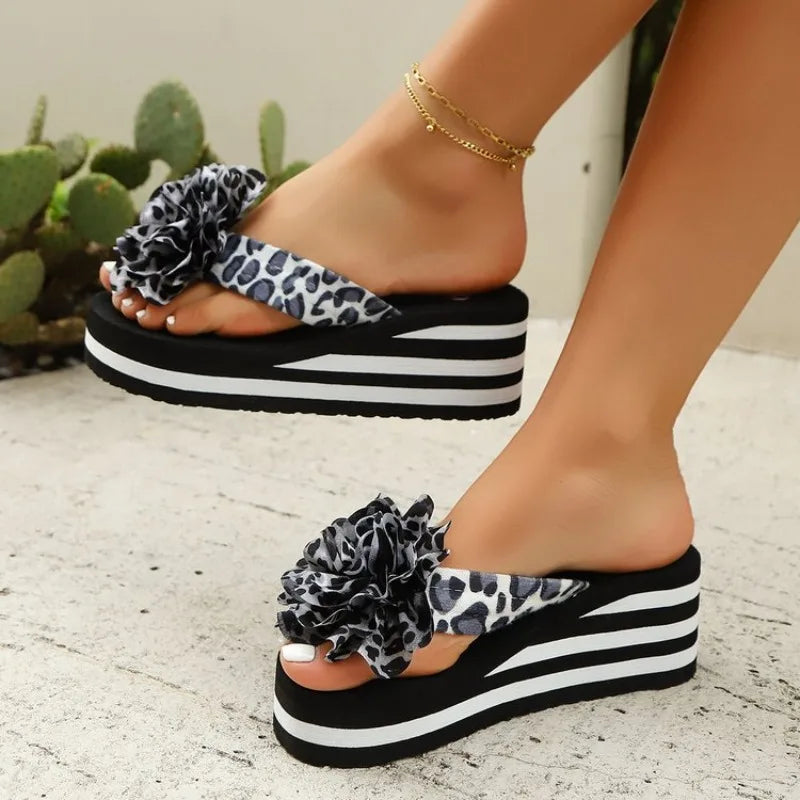 Women’s Leopard Floral Wedge Sandals - Soft Comfortable Summer Beach Slippers