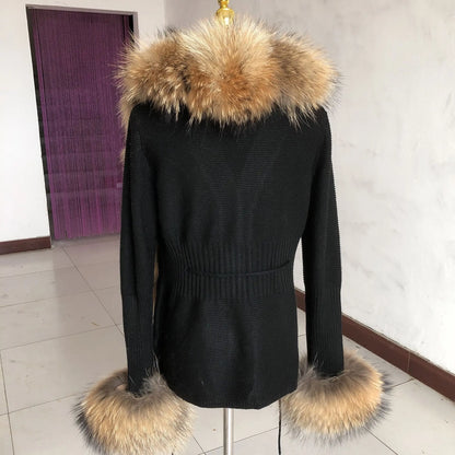 Women’s Spring & Autumn Sweater Cardigan – Real Fox Fur Collar Jacket, Natural Fur Outerwear