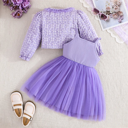 Girls' Summer & Fall 2-Piece Set – Tulle Patchwork Slip Dress with Flower Jacket, Casual Outfit for Ages 2-8Y