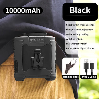 Portable Waist & Neck Hanging Fan – 5-Speed Strong Wind Cooling Fan with LED Light | 10000/20000mAh Rechargeable Battery, Outdoor Sports & Work Wearable Fan