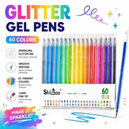 60 Color Glitter Gel Pens - 1.0mm Metal Tip Ballpoint Pens for Drawing, Coloring, DIY Crafts and Journaling