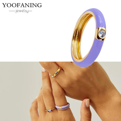 24K Gold-Plated & Silver Enamel Ring – Slim Round Women's Luxury Zircon CZ Ring in Green, Purple, Pink for Wedding & Anniversary