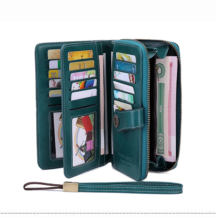 RFID Anti-Theft Retro Large Capacity Women's Wallet – Multi-Card Zipper Wallet with Wrist Strap