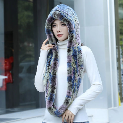 2025 Women’s Knitted Rex Rabbit Fur Hat – Hooded Scarf with Neck Collar, Long Winter Warm Fur Hat & Scarf Set