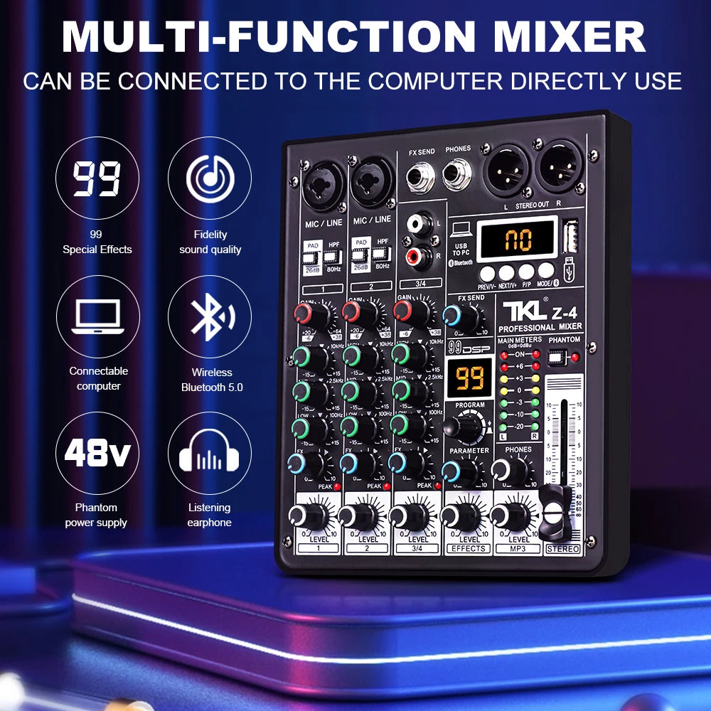TKL 4-Channel DSP Audio Mixer with 48V Phantom Power, USB, Bluetooth DJ Console for Karaoke Studio Mixing