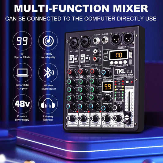 TKL 4-Channel DSP Audio Mixer with 48V Phantom Power, USB, Bluetooth DJ Console for Karaoke Studio Mixing