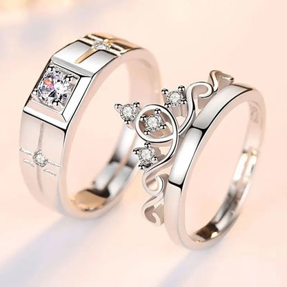 Luxury Zircon Couple Rings - Shiny Crown, Flower & Heart Design for Women & Men, Promise & Anniversary Wedding Jewelry