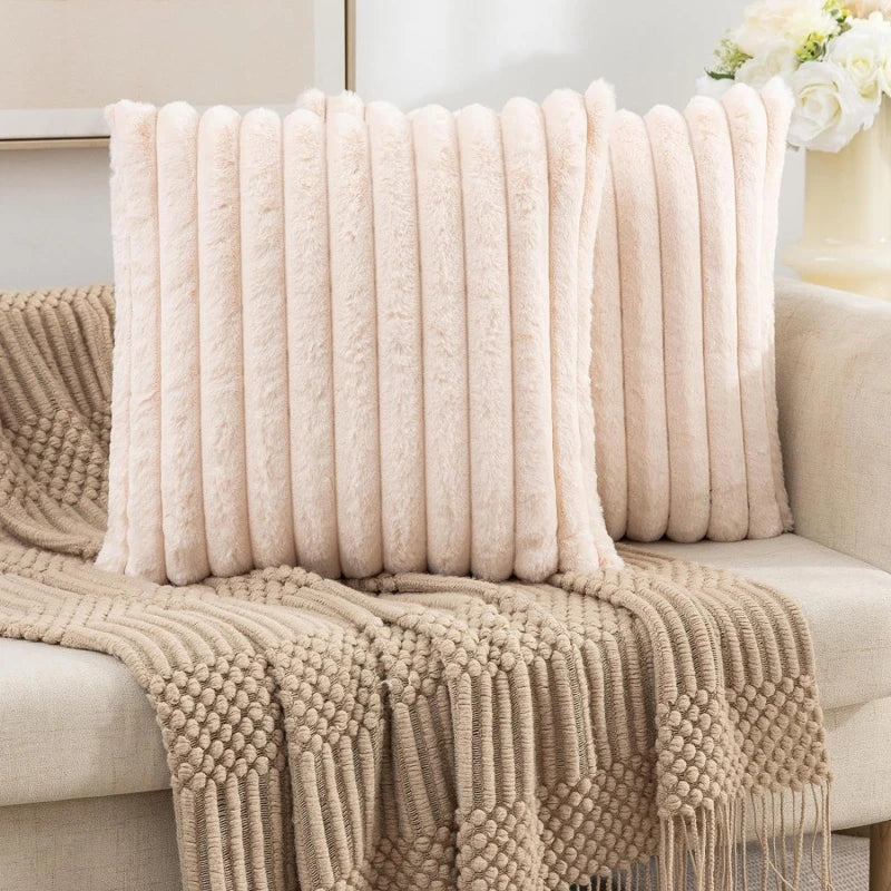 Faux Rabbit Fur Square Cushion Cover – Thick Striped Super Soft Solid Color Pillow, 45x45cm Sofa Decor