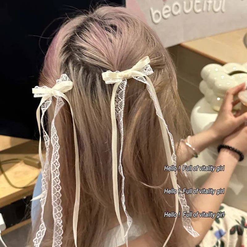 Korean Lace Cream White Bow Ribbon Hair Clip – Bullet Style Side Shredded Hairpin, Headpiece for Women, New Headwear