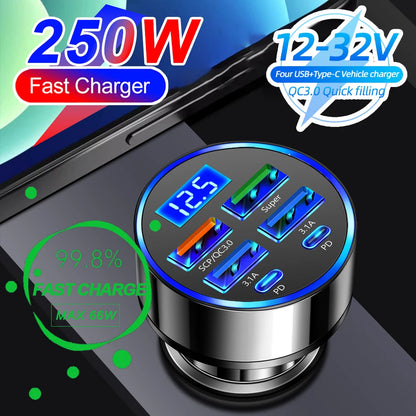 66-250W PD Car Charger – QC3.0 Fast Charge, 1-to-6 Cigarette Lighter Plug with Digital Display