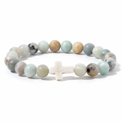 Natural Stone & Wood Bead Rosary Bracelet - Hematite Cross Meditation & Yoga Jewelry for Men & Women