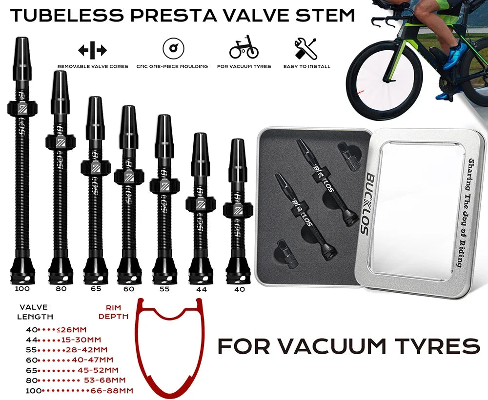 BUCKLOS Tubeless Presta Valve 40–100mm — CNC Aluminum Alloy Bike Valve for Road & MTB
