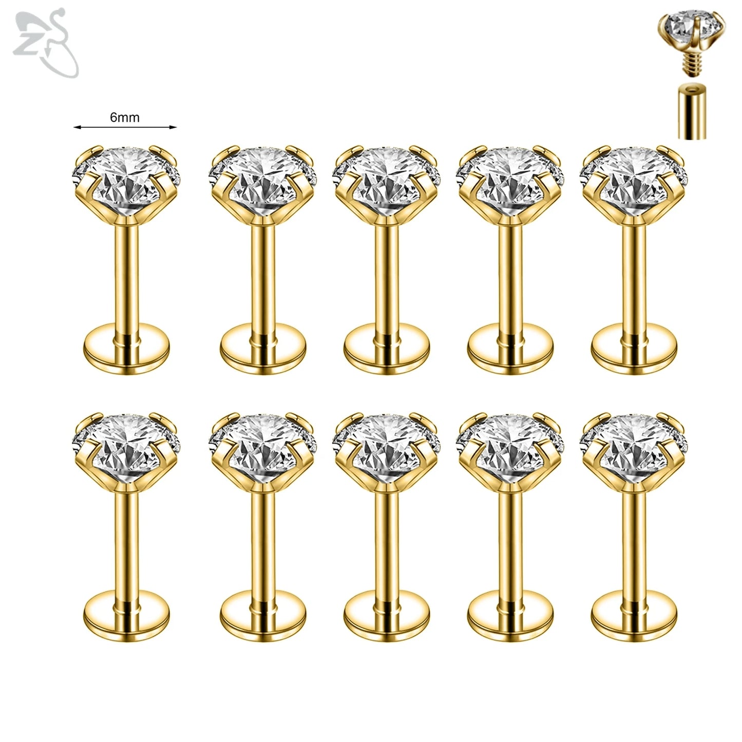 AOEDEJ 10PCS Gold Stainless Steel Labret Lip Studs – 16/18G CZ Crystal Helix, Cartilage & Tragus Piercings (2–6mm)