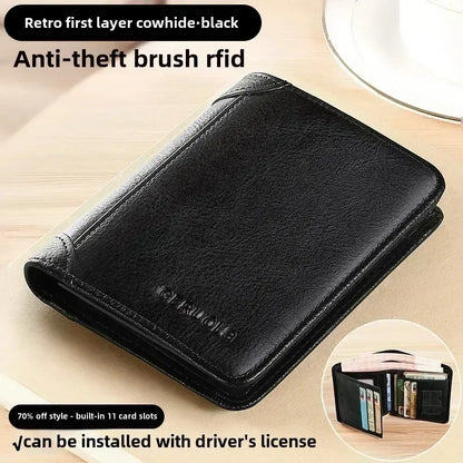 Genuine Leather Men’s Wallet – RFID Blocking Trifold, Vintage Thin ID & Credit Card Holder, Multi-Function Purse