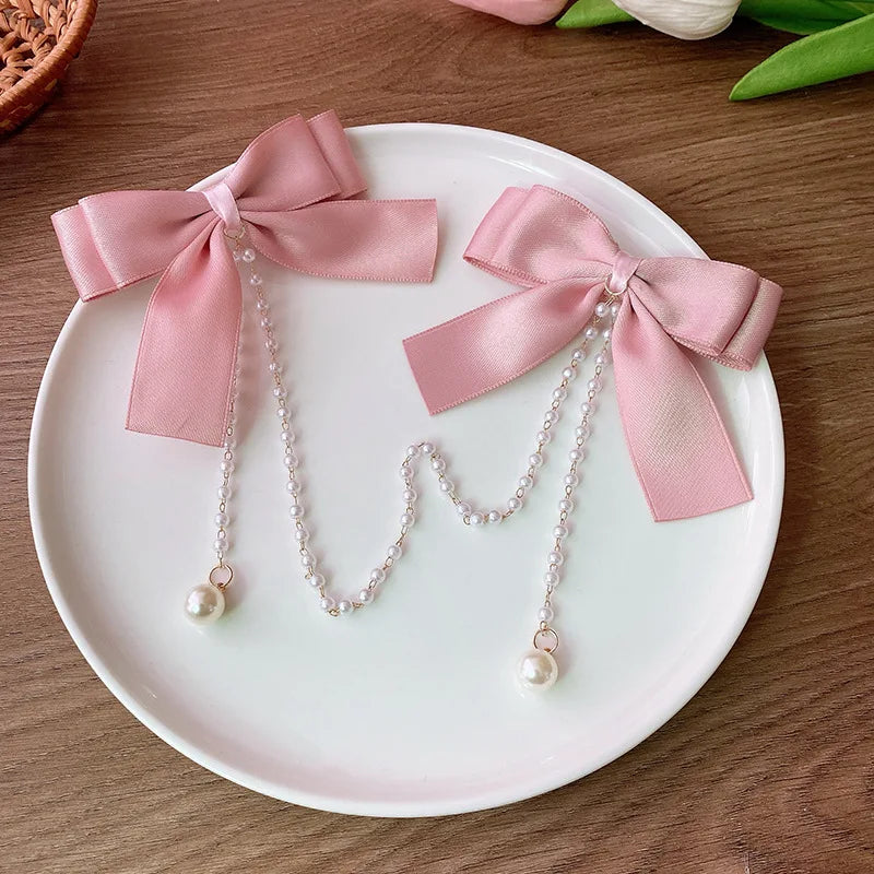 Sweet Princess Pink Pearl Bow Hair Clip – Cute Chain Hairpin for Women & Girls Back Head Fashion Hair Accessories
