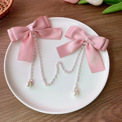 Sweet Princess Pink Pearl Bow Hair Clip – Cute Chain Hairpin for Women & Girls Back Head Fashion Hair Accessories