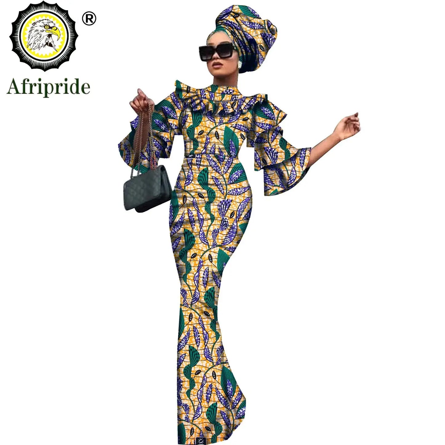 African Bazin Riche 2-Piece Dress Set - Plus Size Bodycon Dress with Headwrap for Women