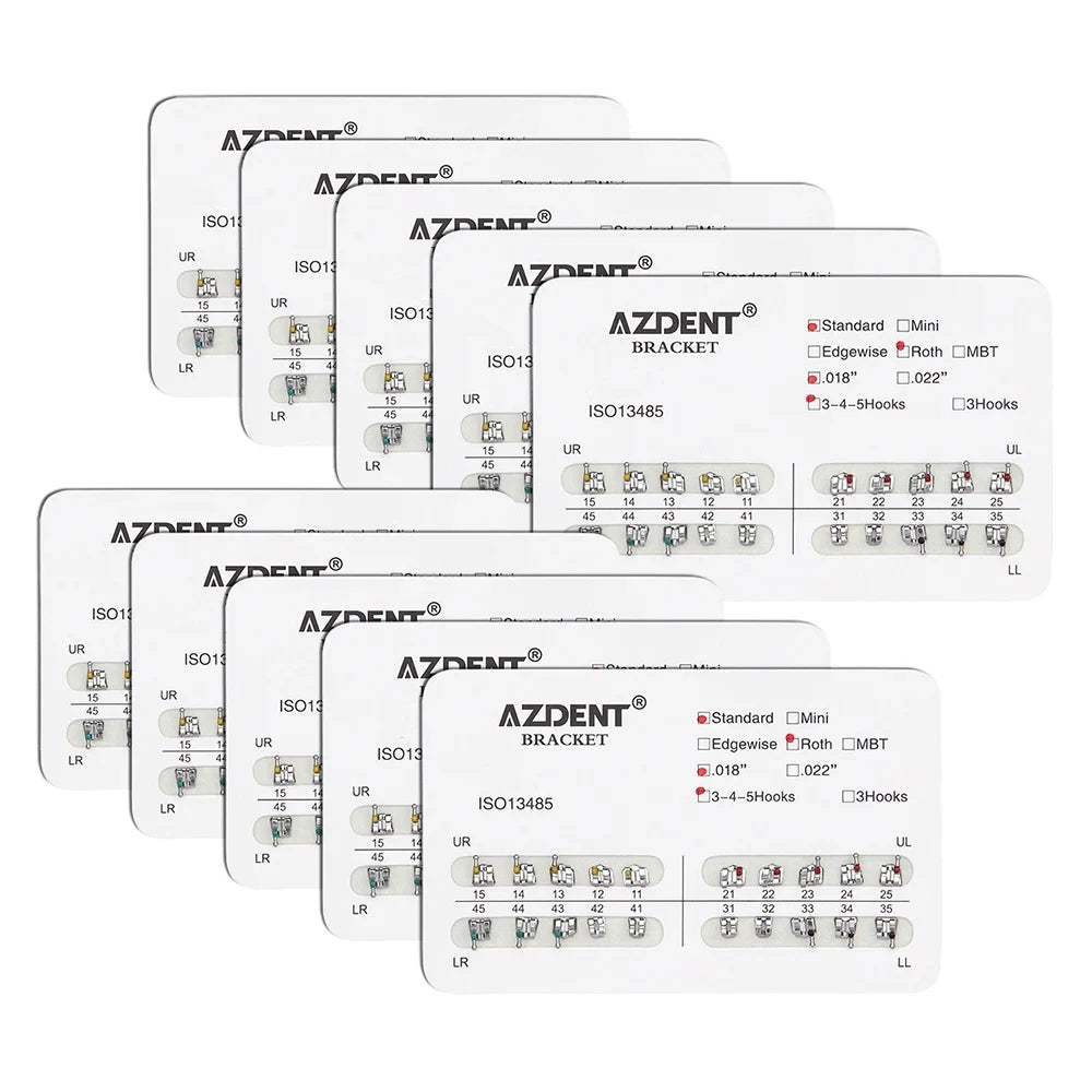 AZDENT 10 Packs Dental Brackets – Orthodontic Metal Mini Standard Roth MBT Slot 0.022/0.018 with Hooks, 20 Pcs per Pack