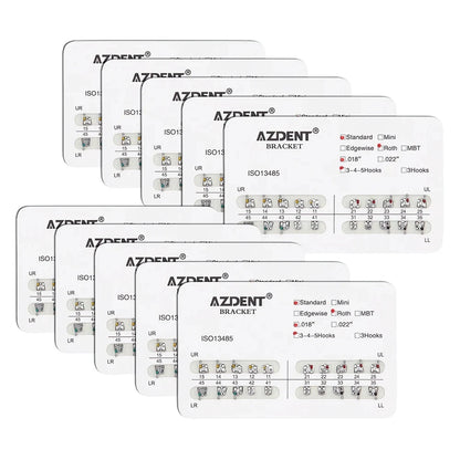 AZDENT 10 Packs Dental Brackets – Orthodontic Metal Mini Standard Roth MBT Slot 0.022/0.018 with Hooks, 20 Pcs per Pack