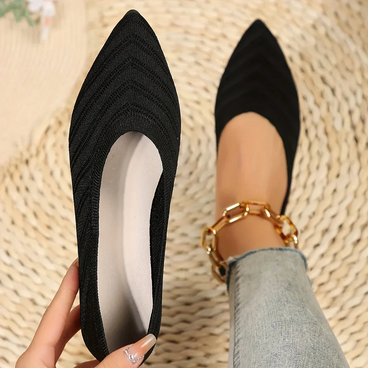 Women’s Pointed Toe Knitted Slip-On Flats – Solid Color Casual Breathable Ballet Loafers