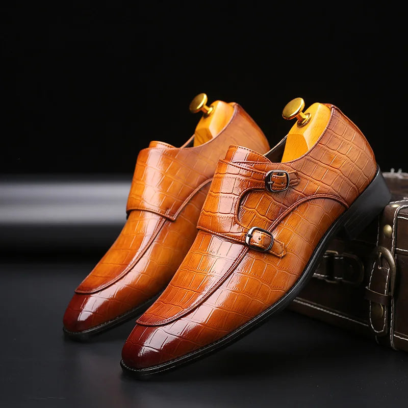 Men’s Crocodile Grain Leather Brogue Shoes - Luxury Buckle Dress Shoes for Business, Wedding and Party Wear