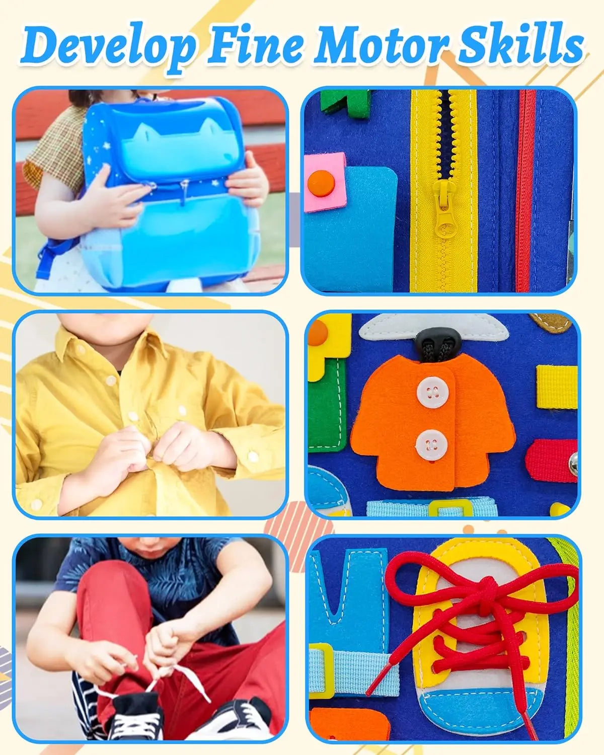 Montessori Toddler Busy Board – Dinosaur Dress-Up Sensory Toy for Learning Life Skills & Travel Backpack