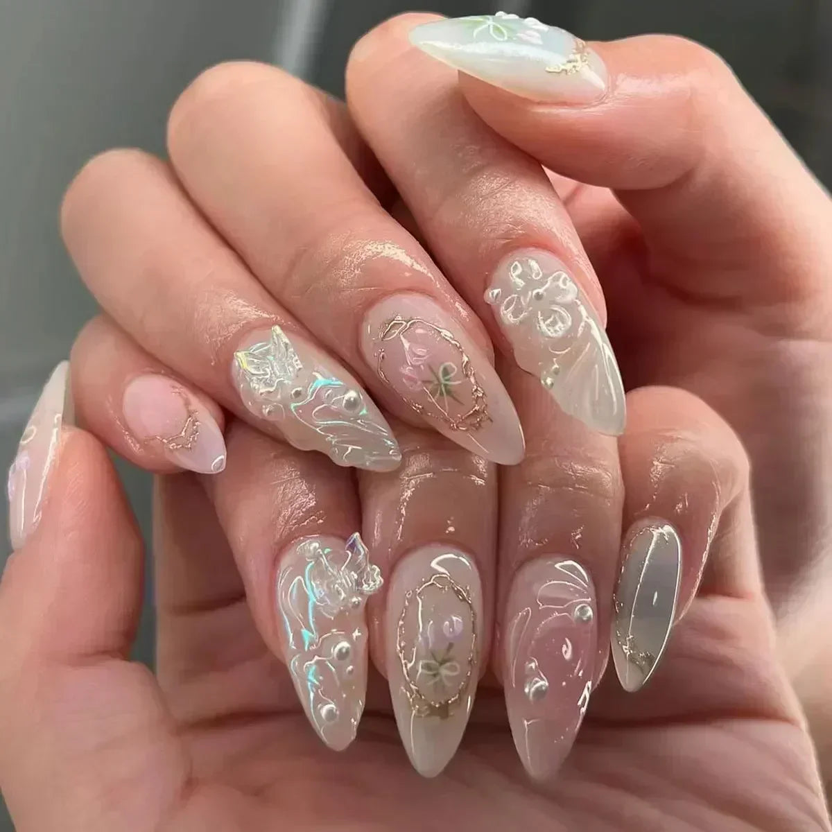 24Pcs French Press On Nails - Almond Fake Nail Tips with Glue, White Edge Design & Pink Stiletto Style Manicure Set