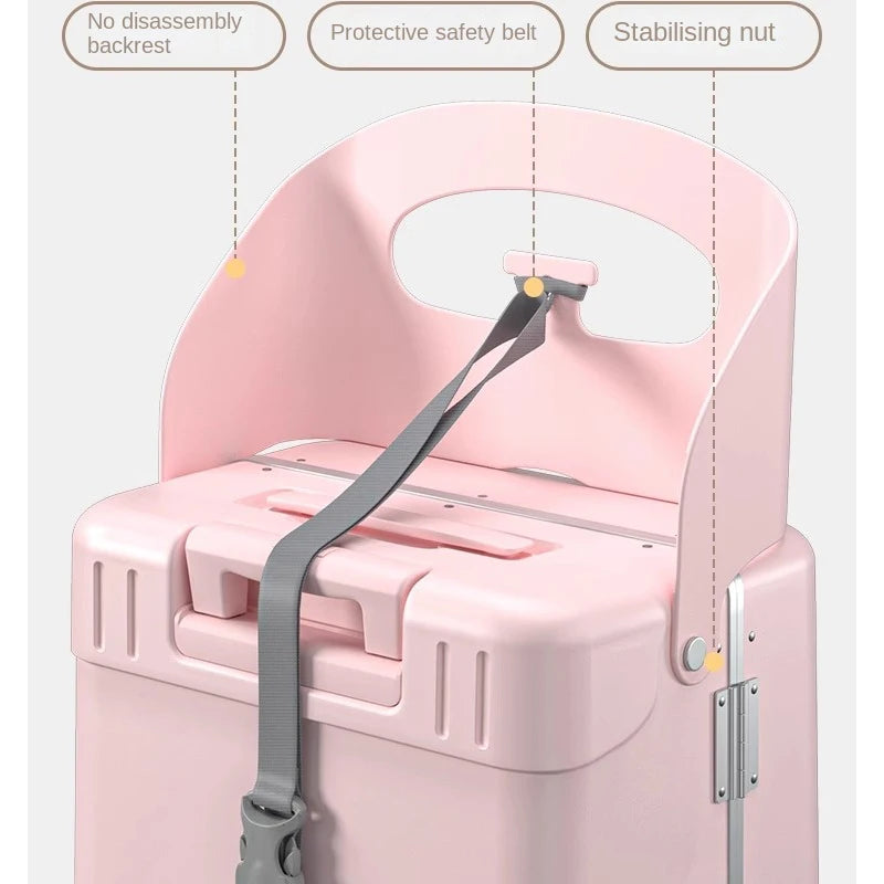 2025 Kids Suitcase with Seat & Charging Port – Baby Boarding Trolley Luggage with Safety Belts & Side Opening, 20/22/24 inch