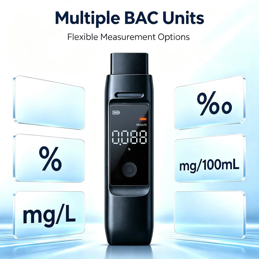 Replaceable Semiconductor Breathalyzer – Alcohol Tester with 4 BAC Measurement Units (%, ‰, mg/100mL, mg/L), Batteries Not Included