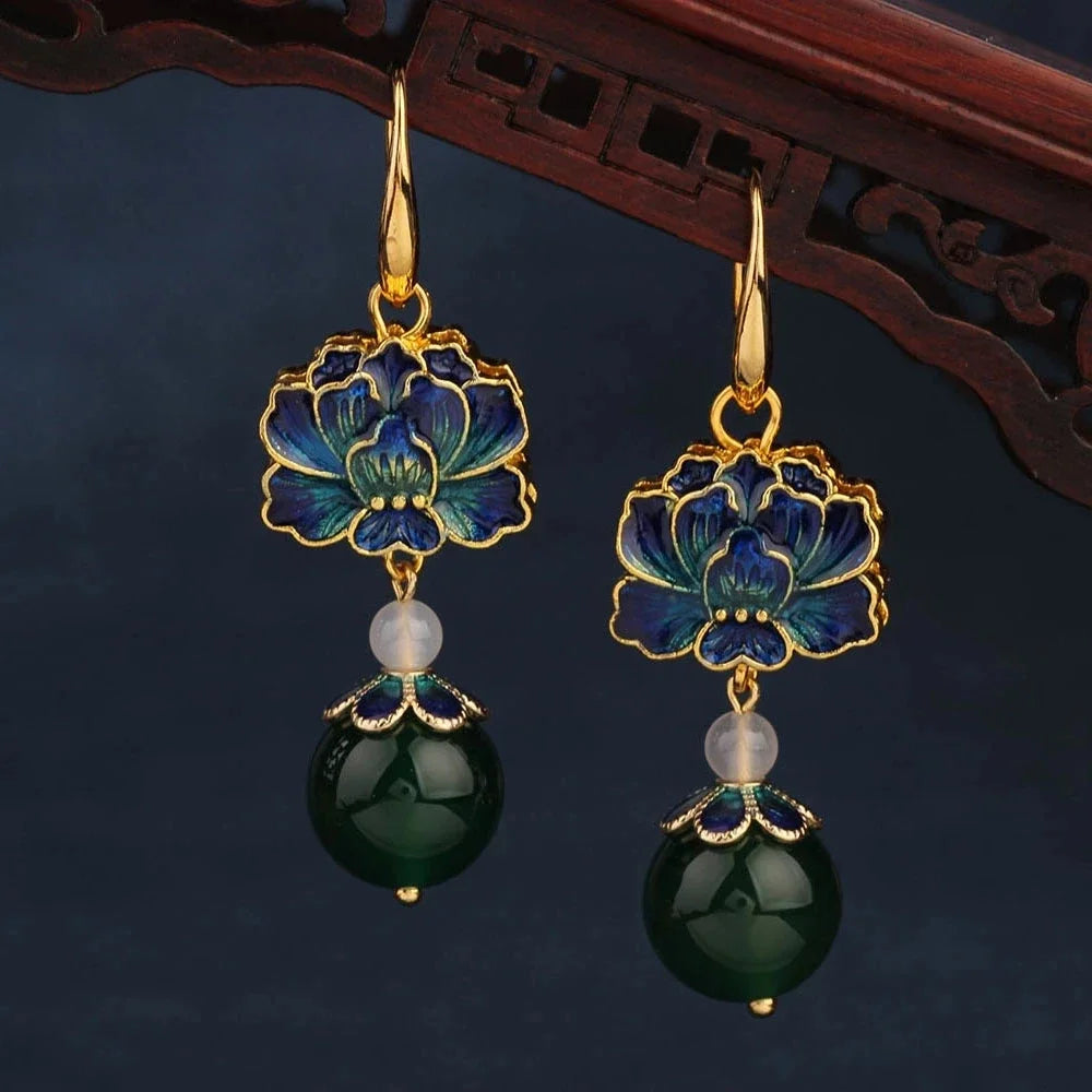 Vintage Flower Drop Earrings - Natural Stone Ethnic Jewelry for Women