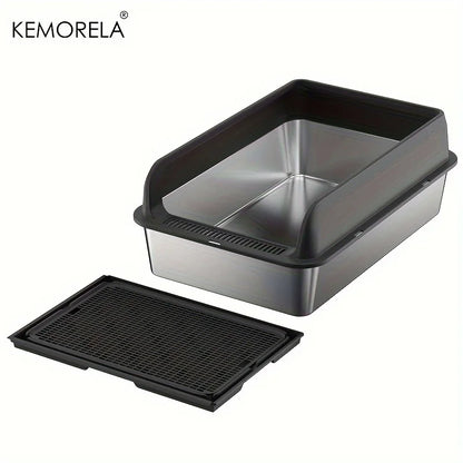 KEMORELA Extra Large Stainless Steel Cat Litter Box with Lid – Enclosed, High-Sided, Leak-Proof Litter Pan with Cat Litter Mat