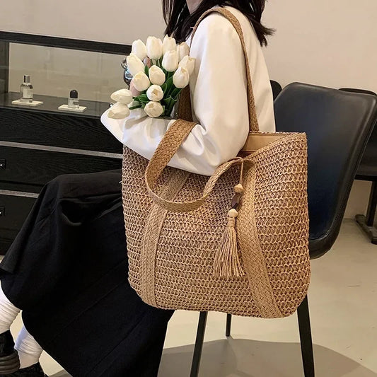 Elegant Straw Woven Handbag – Women’s Retro Beach & Casual Tote Top-Handle Shoulder Bag 2024