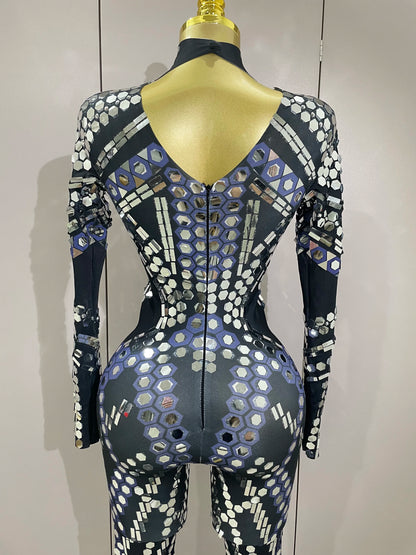 Sexy Shiny Silver Sequin & Black Spandex Jumpsuit — 2025 Women’s Prom, Dancer & Stage Performance Costume