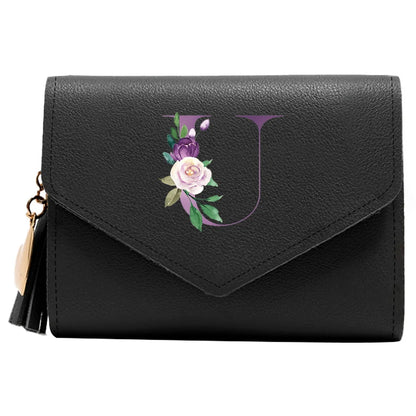 Women's RFID Leather Wallet - Compact Luxury Mini Purse With ID Window, Purple Letter Pattern & Card Holder Design