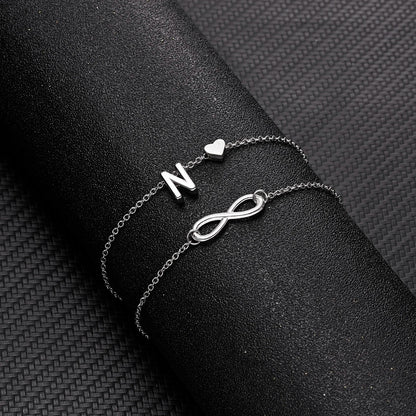 Bohemia A-Z Letter Initial Anklet for Women - Silver Heart Initial Anklet Bracelet, Beach Party & Travel Foot Jewelry