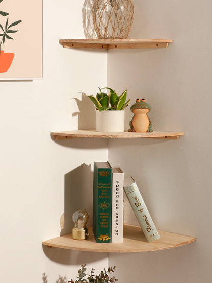 Wooden Floating Corner Wall Shelf – Round End, Wall-Mounted for Bedroom, Living Room & Kitchen