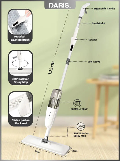 DARIS 360° Spray Flat Mop — Reusable Microfiber Pads with 500ML Large Capacity Square Triangle Bottle