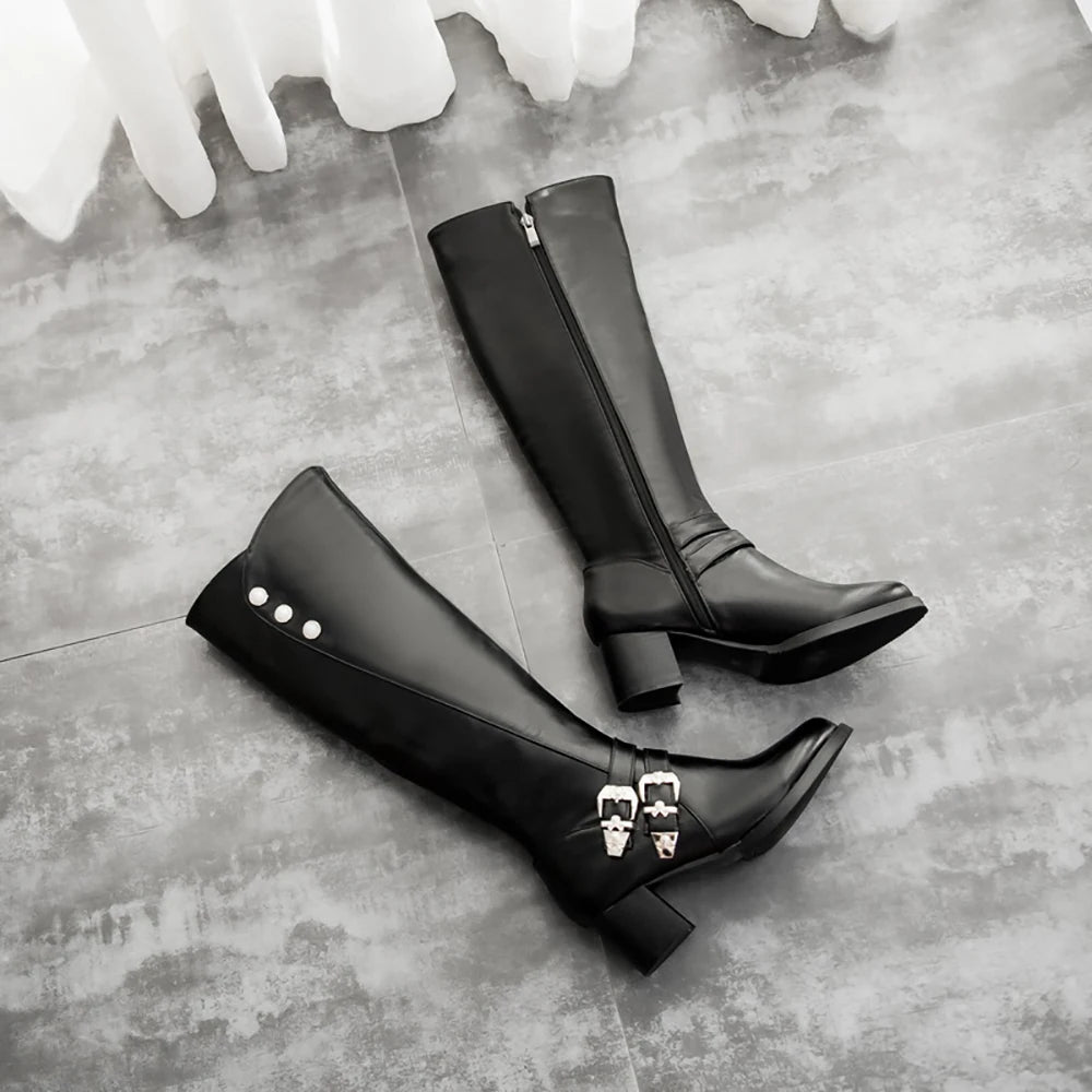 Women's Knee High Riding Boots - Winter Glamour Brown Red Chunky Heel Fashion Boots Plus Size Footwear