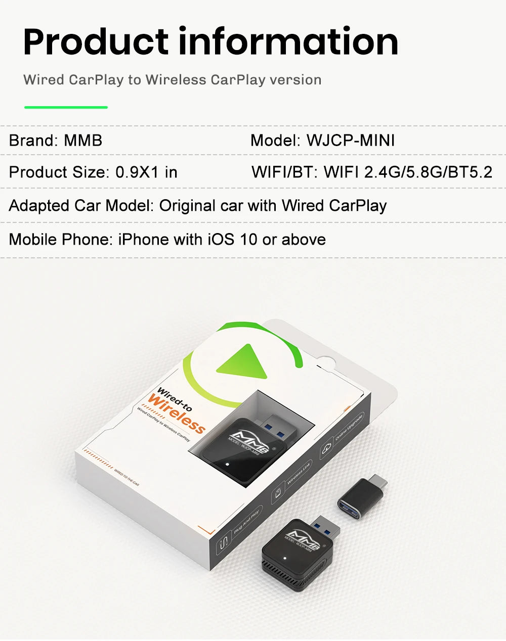 MMB Mini Wired to Wireless CarPlay Adapter – USB Plug & Play, Bluetooth 5.2 for Honda, Toyota Corolla, Peugeot 3008