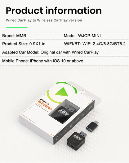 MMB Mini Wired to Wireless CarPlay Adapter – USB Plug & Play, Bluetooth 5.2 for Honda, Toyota Corolla, Peugeot 3008