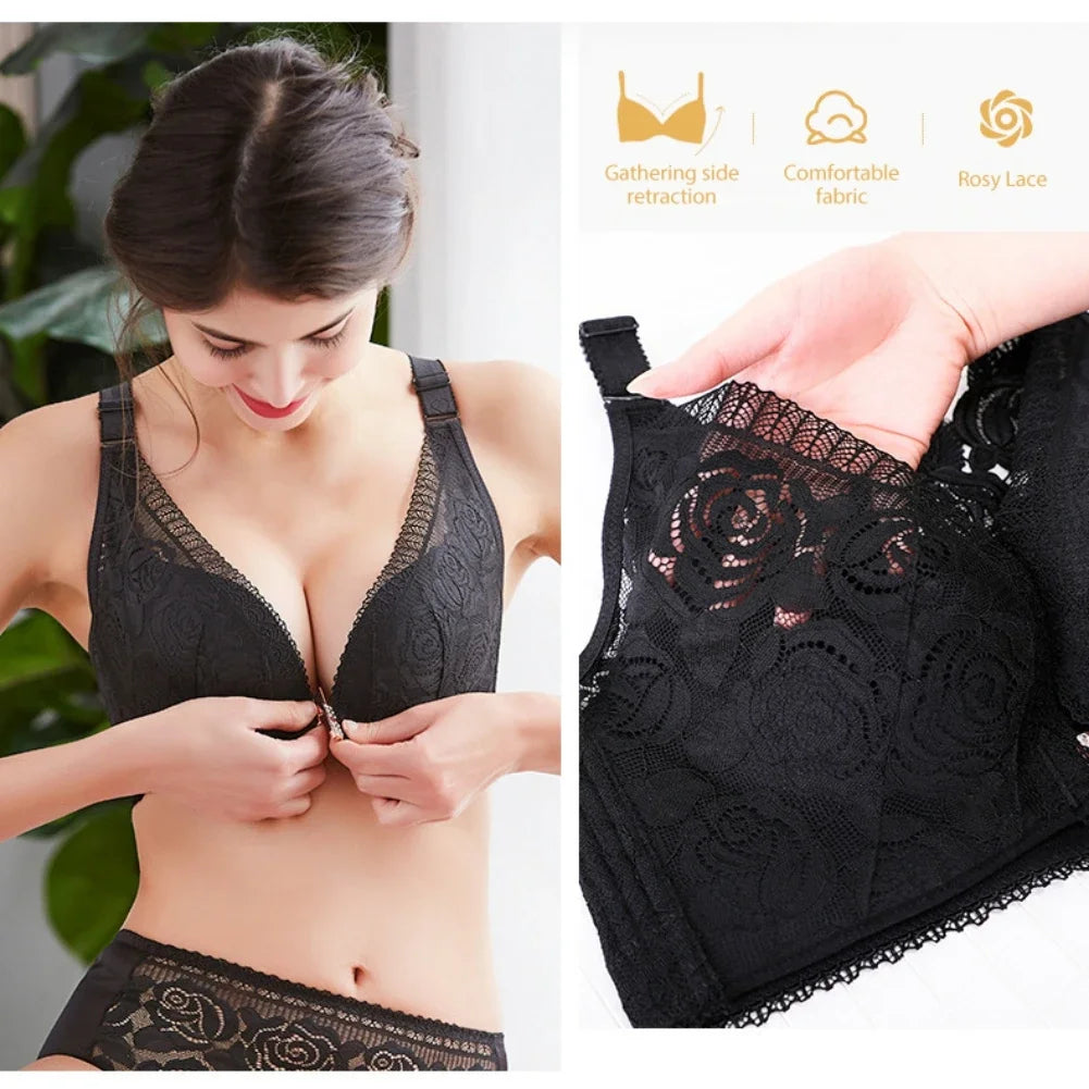 Rose Embroidery Front Closure Wirefree Bra – Front Button Comfort Bra, Push Up Supportive Seamless Underwear Top for Women Plus Size Intimates