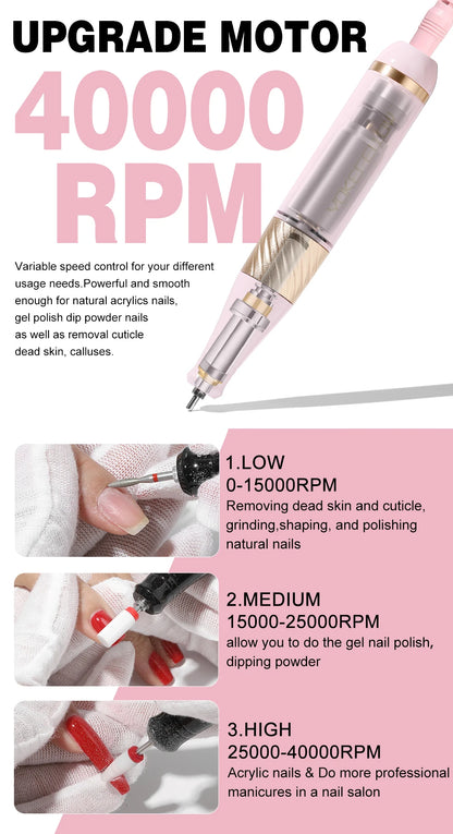 YOKEFELLOW Professional Nail Drill – 40000RPM Rechargeable Electric Nail E-File, Cordless for Acrylic & Gel Nails