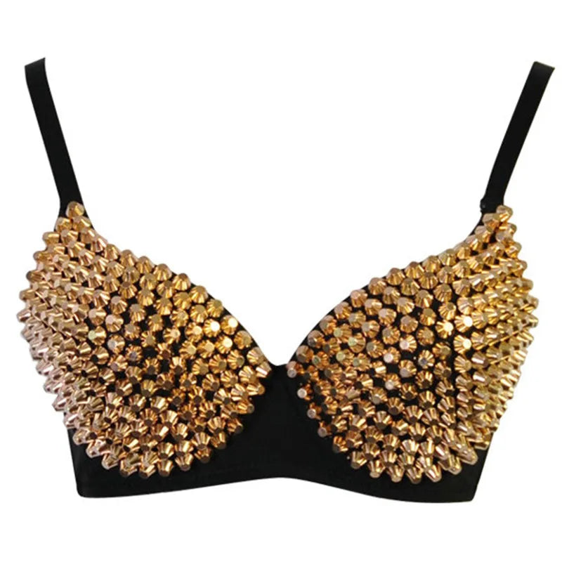 Silver Rivets Punk Rave Bralette — Gothic Sexy Push-Up Bra Top for Women