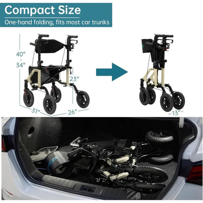 Champagne All-Terrain 2-in-1 Rollator Walker & Transport Chair – 10” Non-Pneumatic Wheels with Reversible Backrest and Detachable Seat