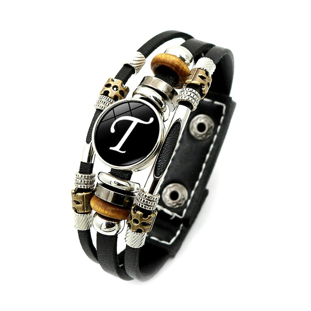 A-Z English Letters Leather Bracelet - 26 Initial Cabochon Glass Snap Wristband for Men & Women, Couple Gift