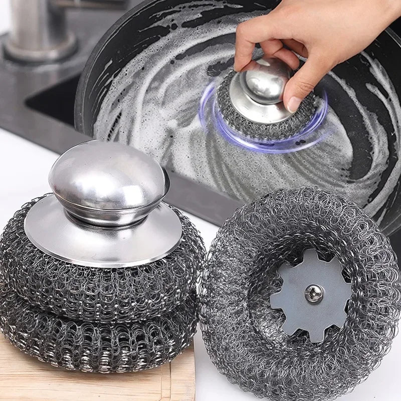 Stainless Steel Pot Brush with Handle – Heavy Duty Dishwashing Wire Ball for Pot & Pan Cleaning (5/1 Pcs)
