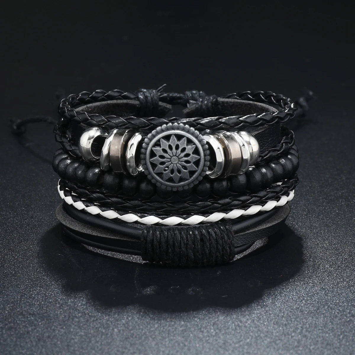 4Pcs Men's Braided Leather Bracelets Set – Vintage Life Tree & Rudder Charms, Wood Beads, Ethnic Tribal Wristbands