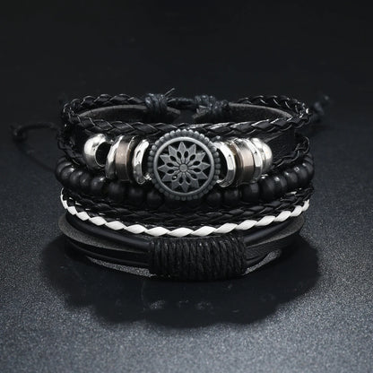 4Pcs Men's Braided Leather Bracelets Set – Vintage Life Tree & Rudder Charms, Wood Beads, Ethnic Tribal Wristbands
